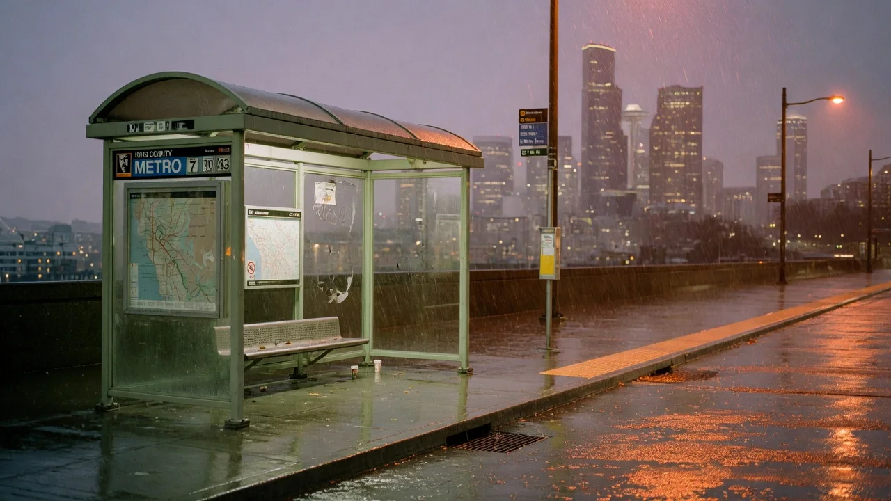 An empty rainy King County Metro bus stop at dusk, with the Seattle skyline in the background.