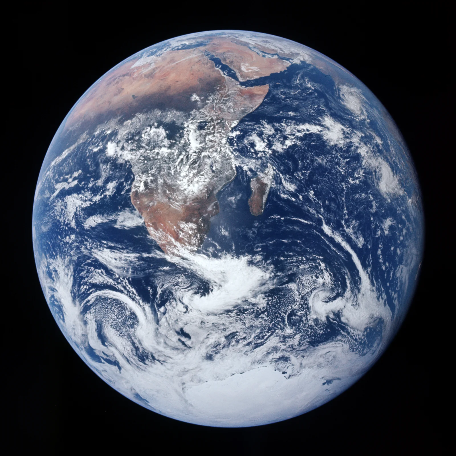 Earth photographed by Apollo 17, with Africa and Antarctica visible