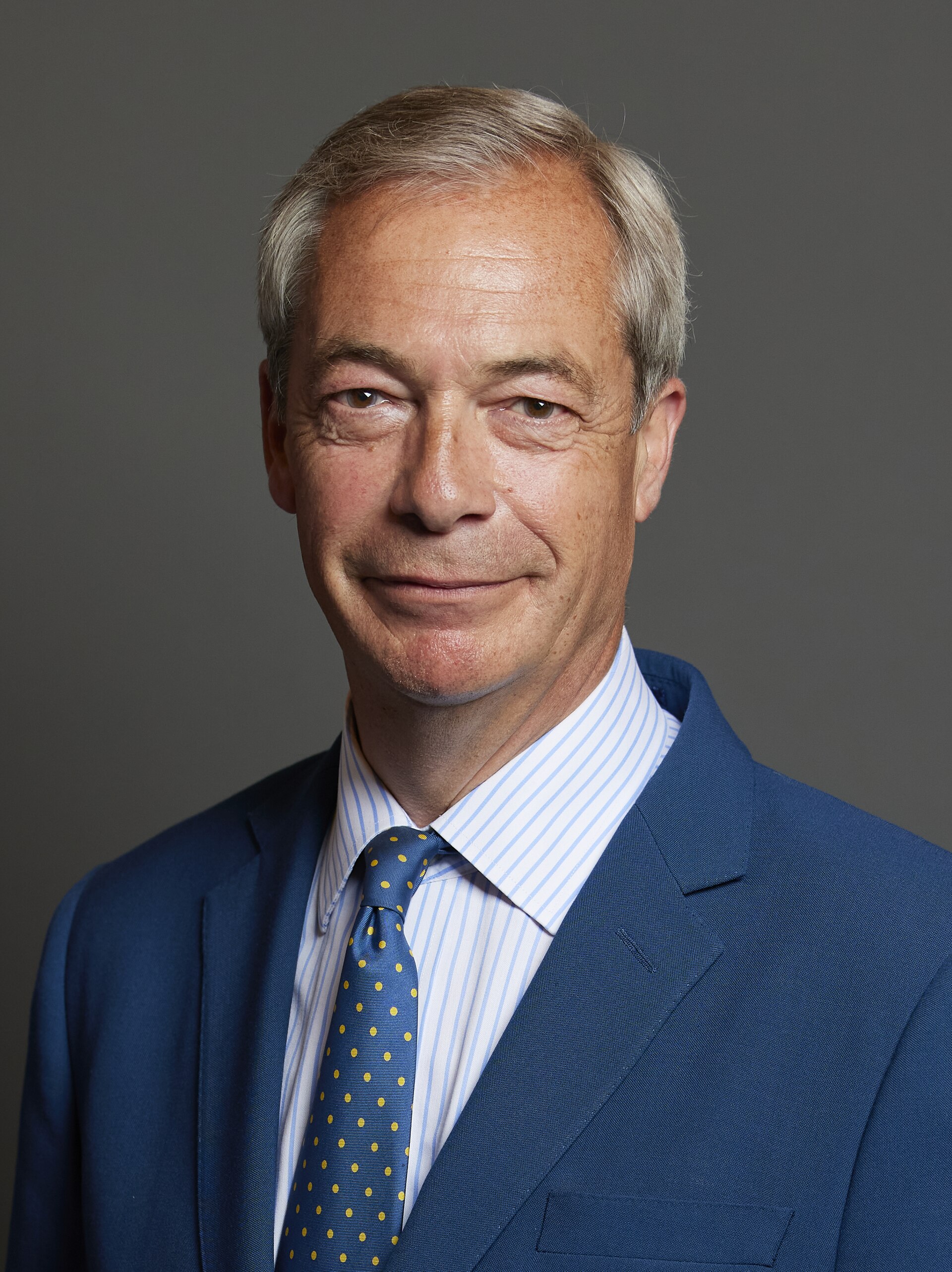 Nigel Farage, a white man with grey hair, wearing a blue suit, a striped shirt, and a blue tie with yellow polka dots, smiles slightly against a grey background.