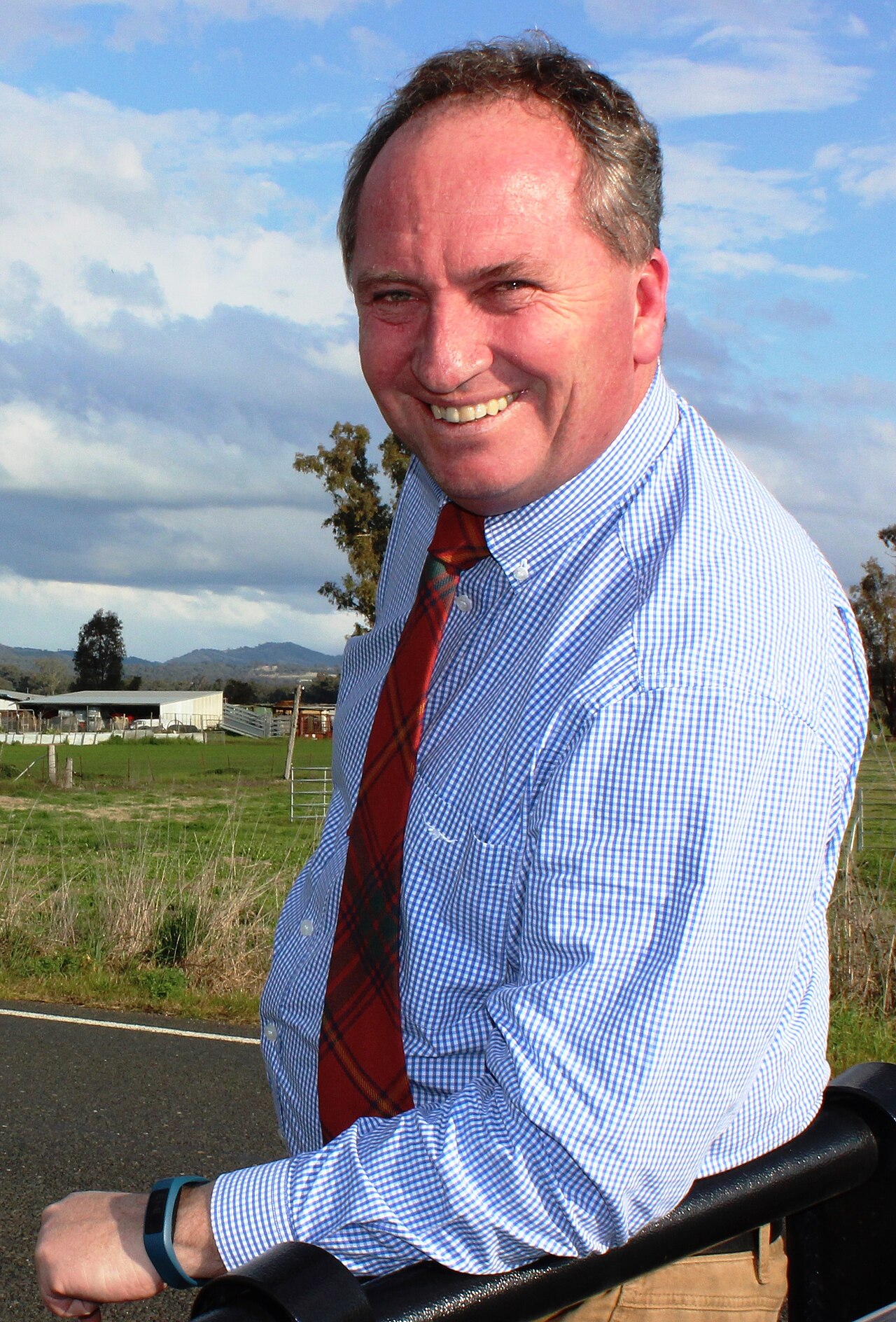 A middle-aged man with short hair, wearing a blue gingham shirt, red plaid tie, and tan pants, smiling and leaning on a black railing in a rural setting.
