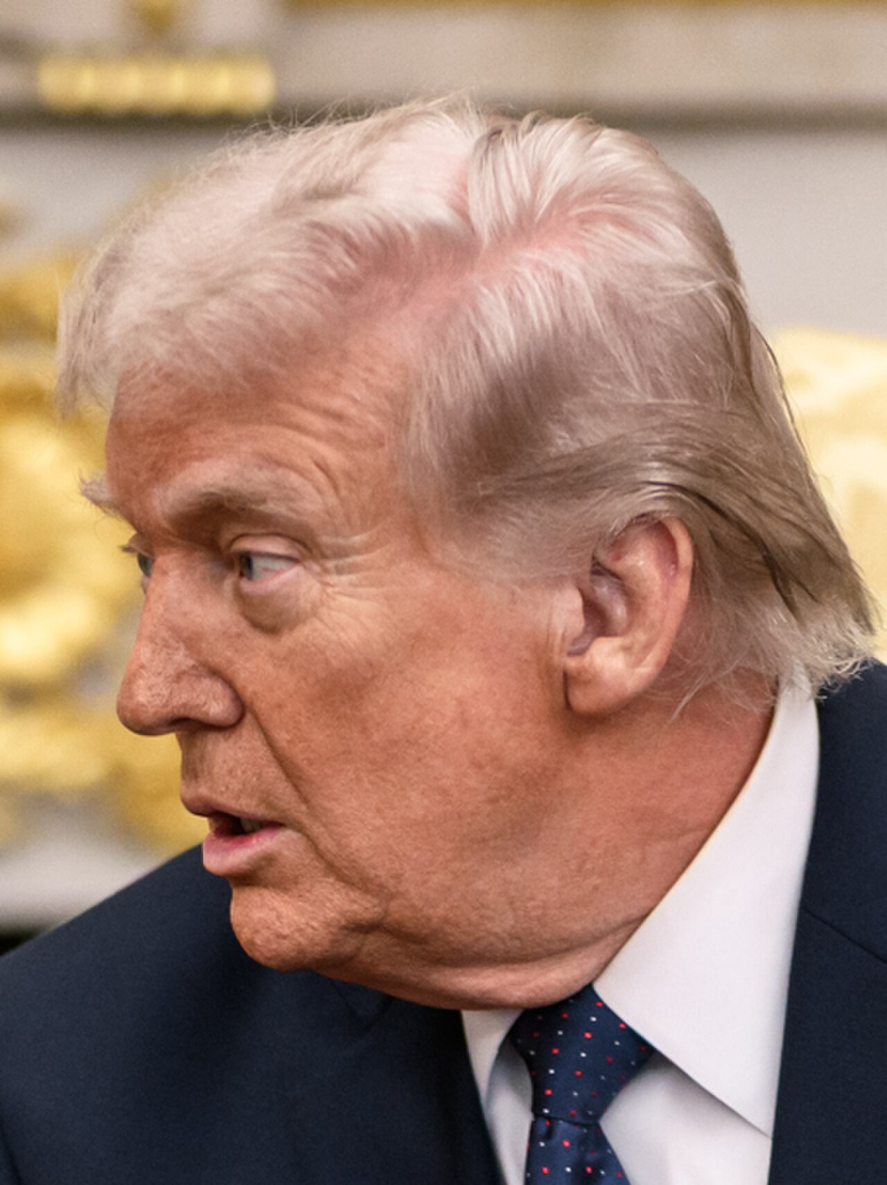 Donald Trump, visible from the top of his head down to his chest, wearing a dark suit, white shirt, and dark tie with small red dots, looking to the left with his mouth open as if speaking.