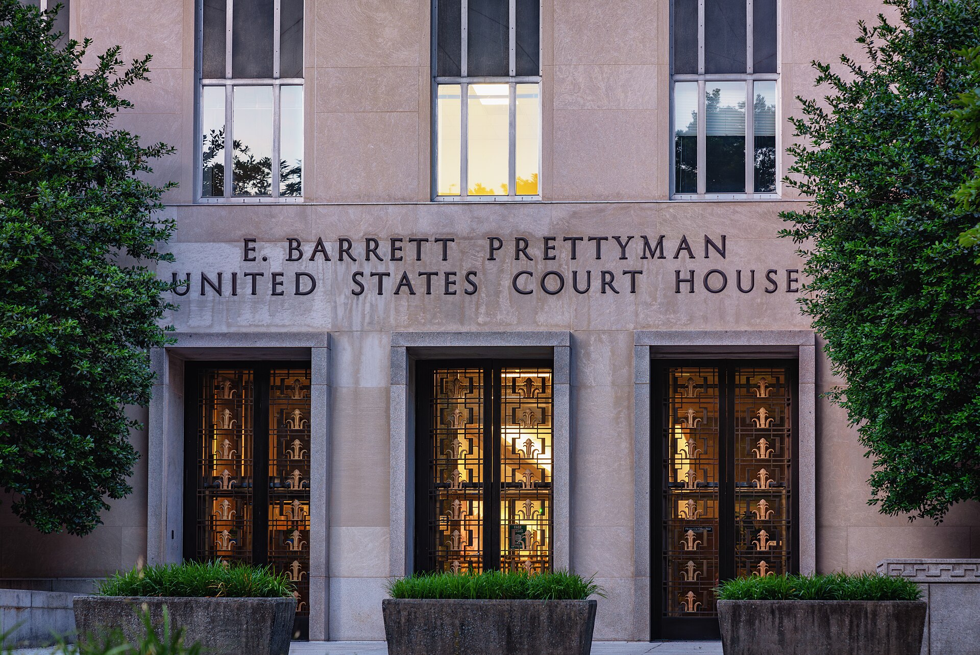 E. Barrett Prettyman United States Court House building facade with three sets of doors and windows