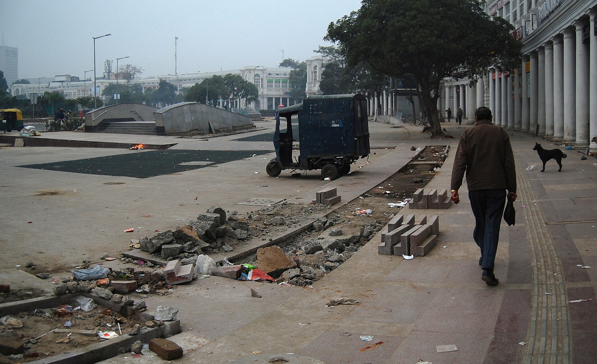 A man walks away from the camera on a sidewalk next to a row of white columns. A black dog stands on the sidewalk to his right. In the background, a dark blue truck is parked on a street.