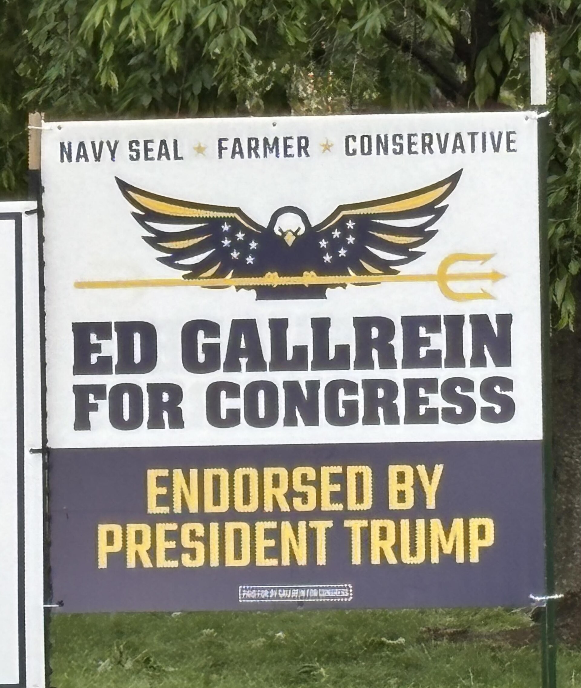 A campaign sign for Ed Gallrein for Congress, endorsed by President Trump. The sign features an eagle graphic and text stating 'Navy Seal Farmer Conservative'.