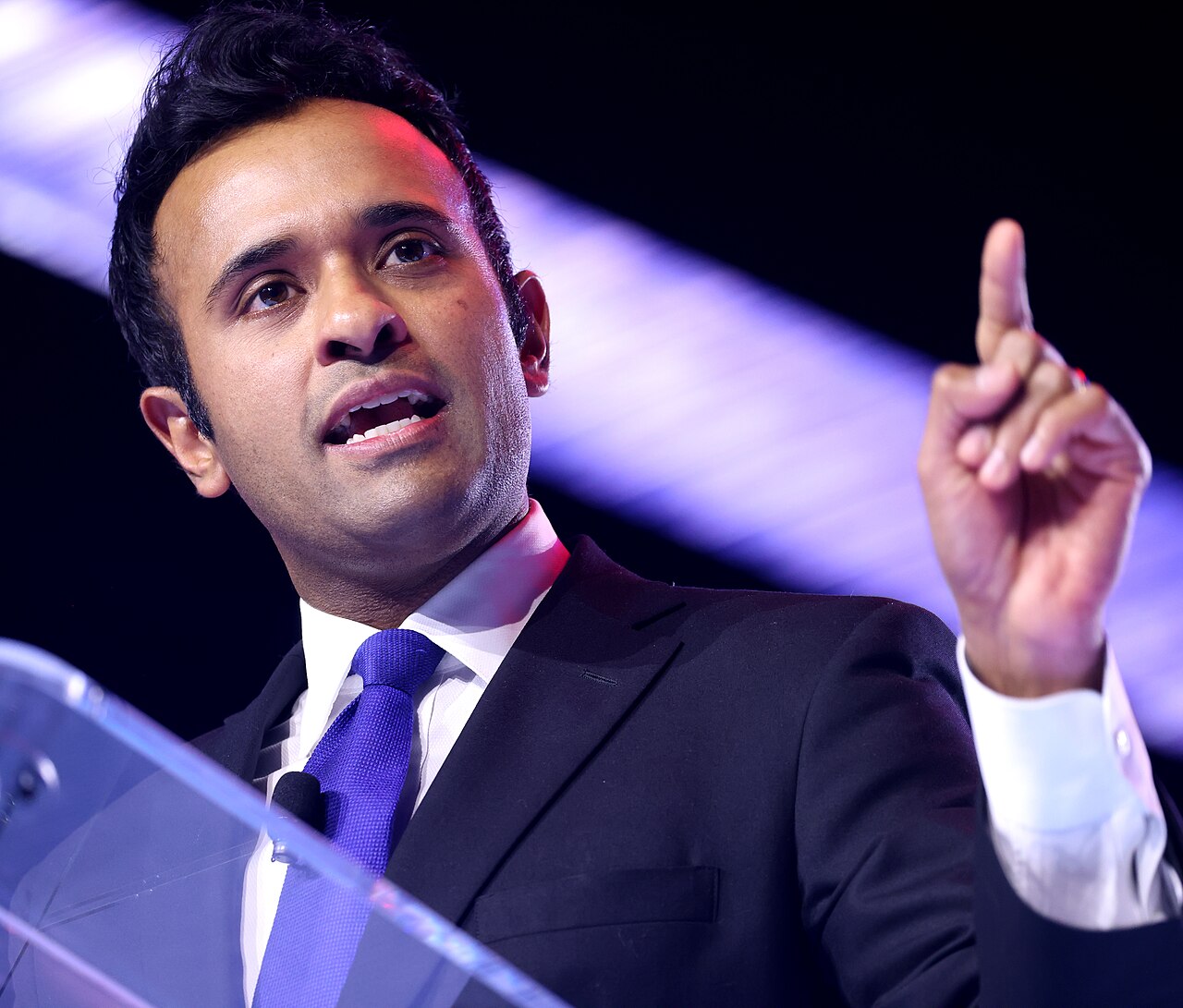 Vivek Ramaswamy speaking with attendees at AmericaFest 2025 in Phoenix, Arizona.