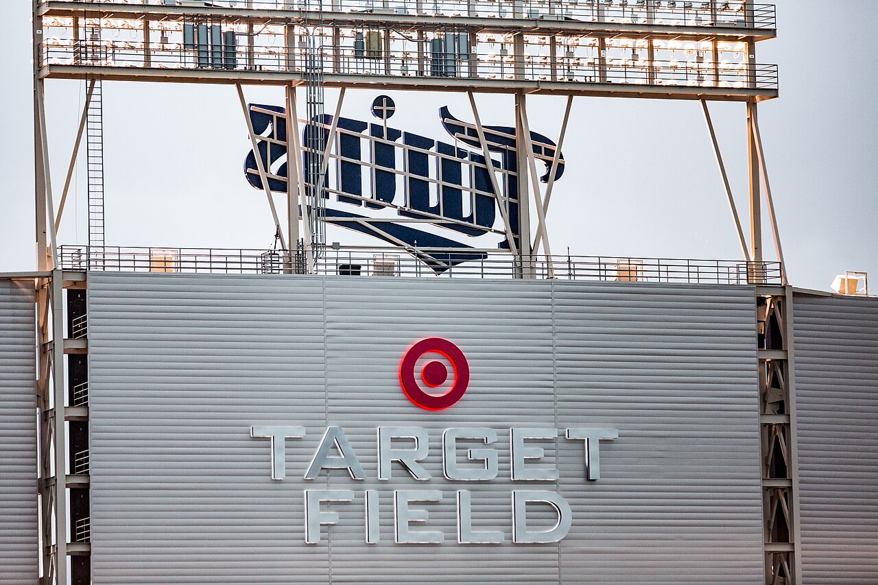 The Minnesota Twins sign and Target logo mounted at Target Field in Minneapolis.