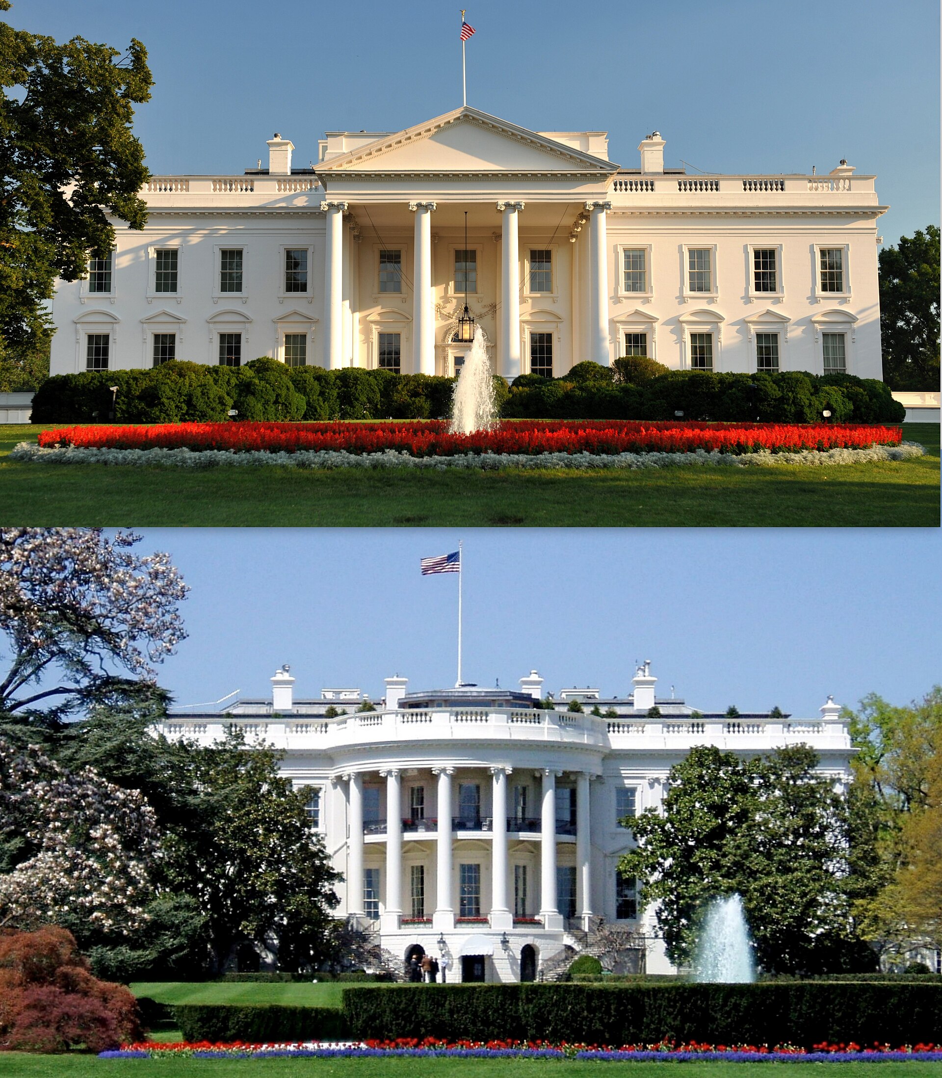 The White House with a fountain in front and red flowers in a garden.