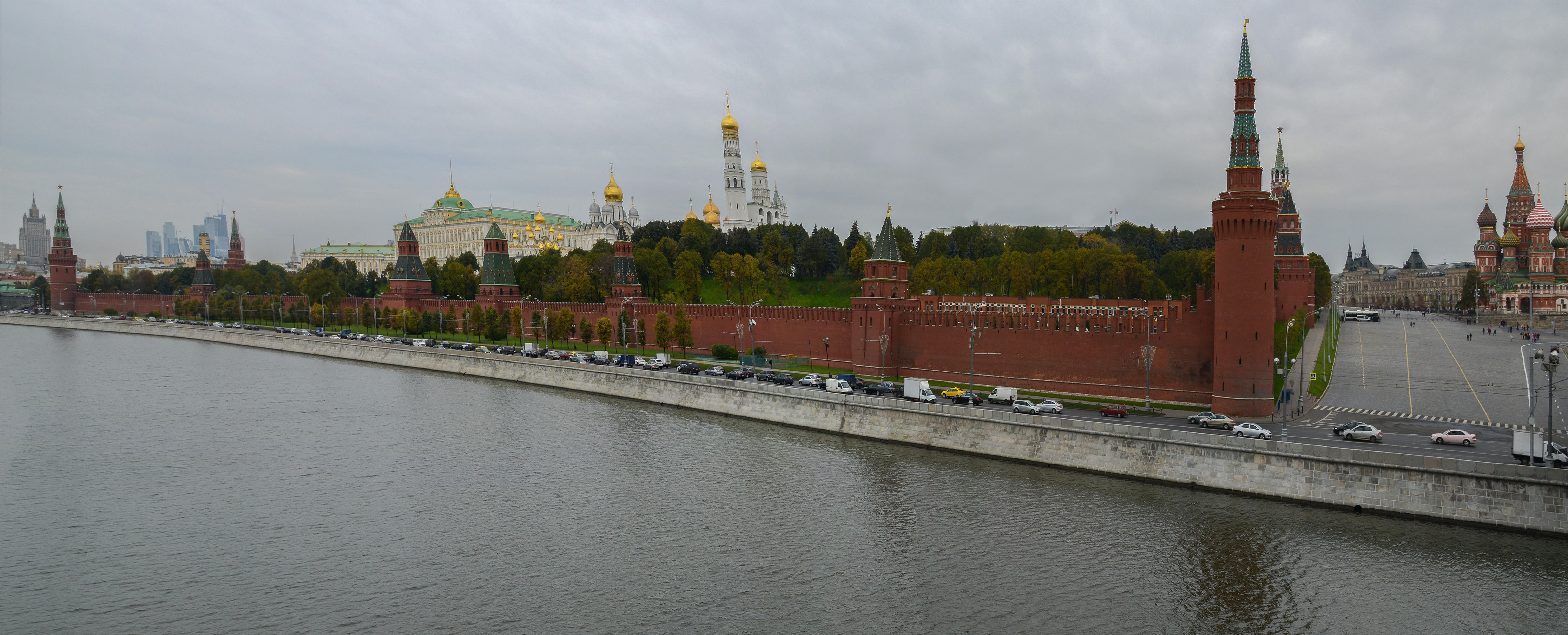 A wide panorama of the Moscow Kremlin along the river, photographed in 2014.