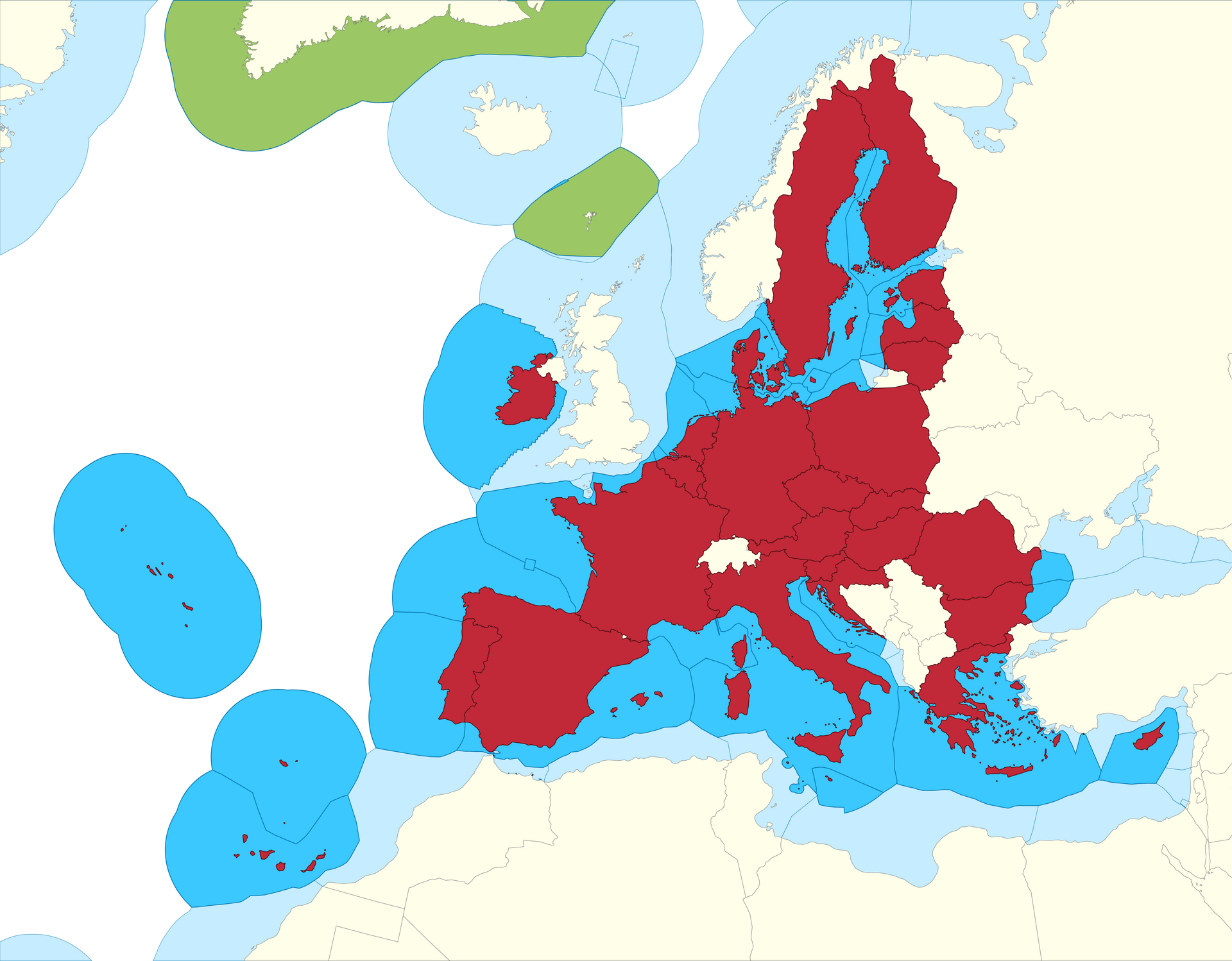 Map of Europe showing the European Union in red and surrounding waters in blue.