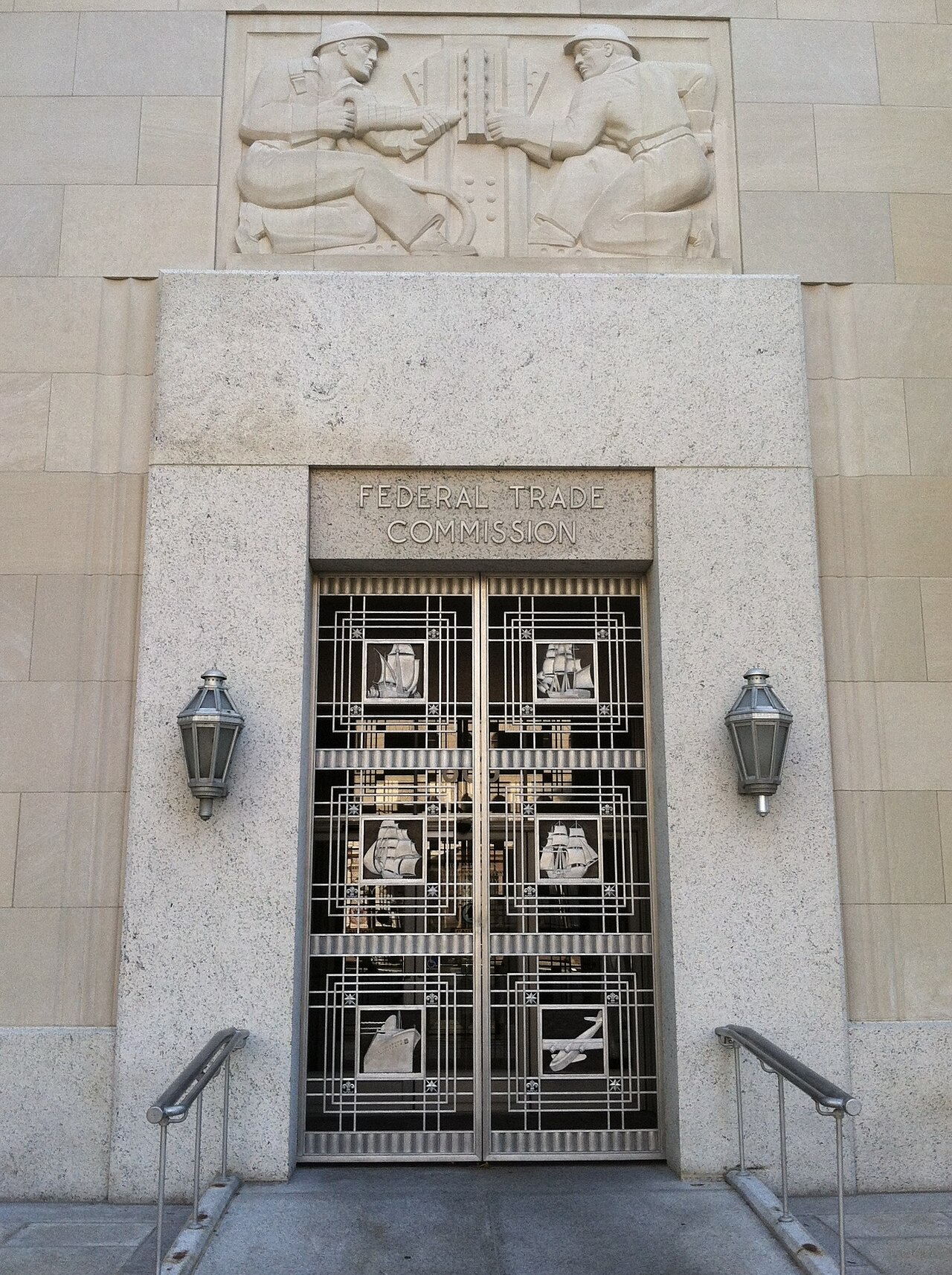 Federal Trade Commission building entrance with decorative doors and carvings