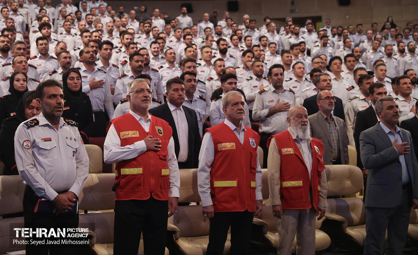 Translation of original description: The ceremony to commemorate the Firefighter's Day and unveil the new equipment of the Fire Department was held in the main hall of Milad Tower this morning, September 29, 2025, in the presence of President Masoud Pezeshkian, Mayor of Tehran, Alireza Zakani, membe
