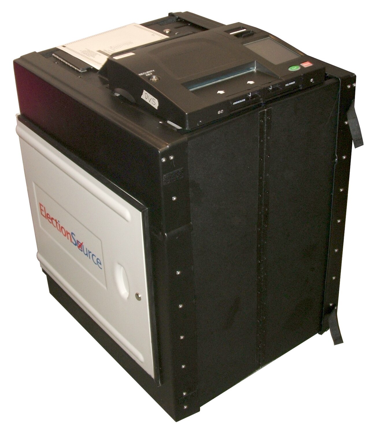 A black and white electronic voting machine made by ElectionSource.