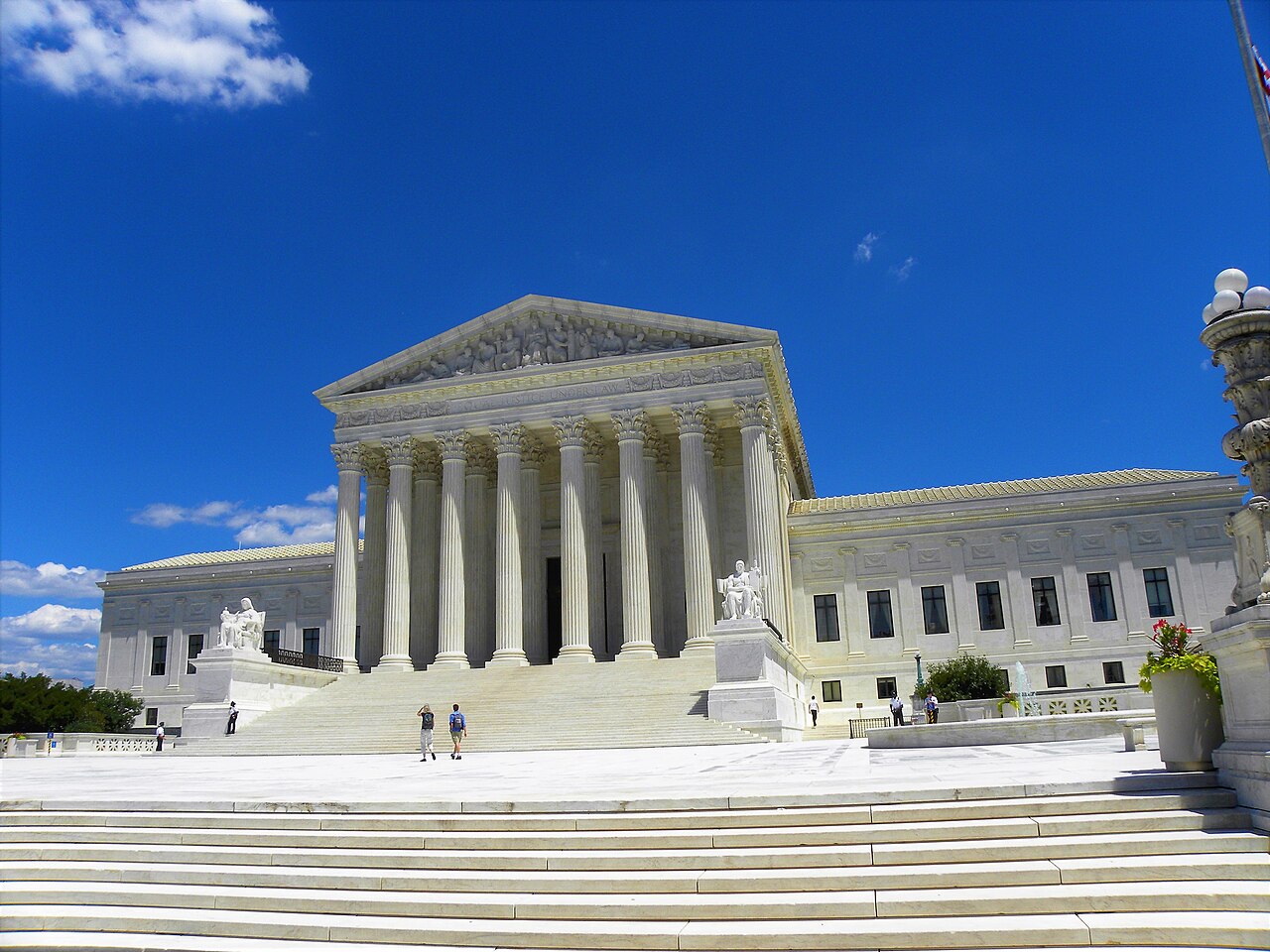 The Supreme Court building with a blue sky and people walking on the steps
