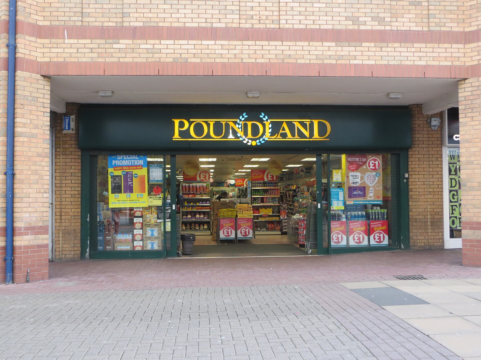The exterior of a Poundland store with its green awning and yellow "POUNDLAND" sign above the entrance. The store windows display various promotions, including "Special Promotion" and "Valentine's Day" posters, as well as products for sale. The entrance is open, revealing shelves stocked with mercha