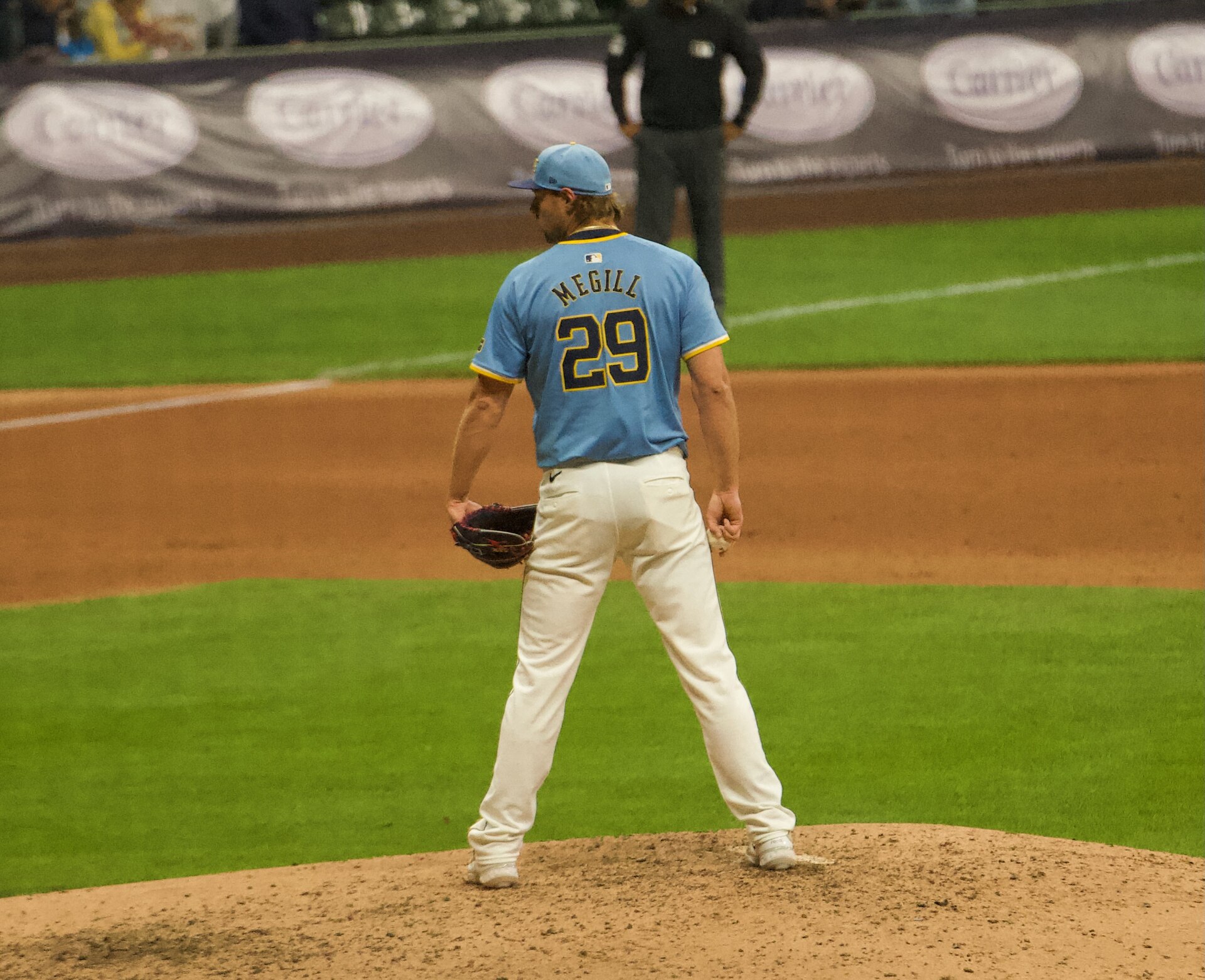 A baseball player in a blue jersey with number 29 and the name MEGILL on the back, white pants, and a blue cap, standing on a pitcher's mound, holding a baseball glove and a baseball.