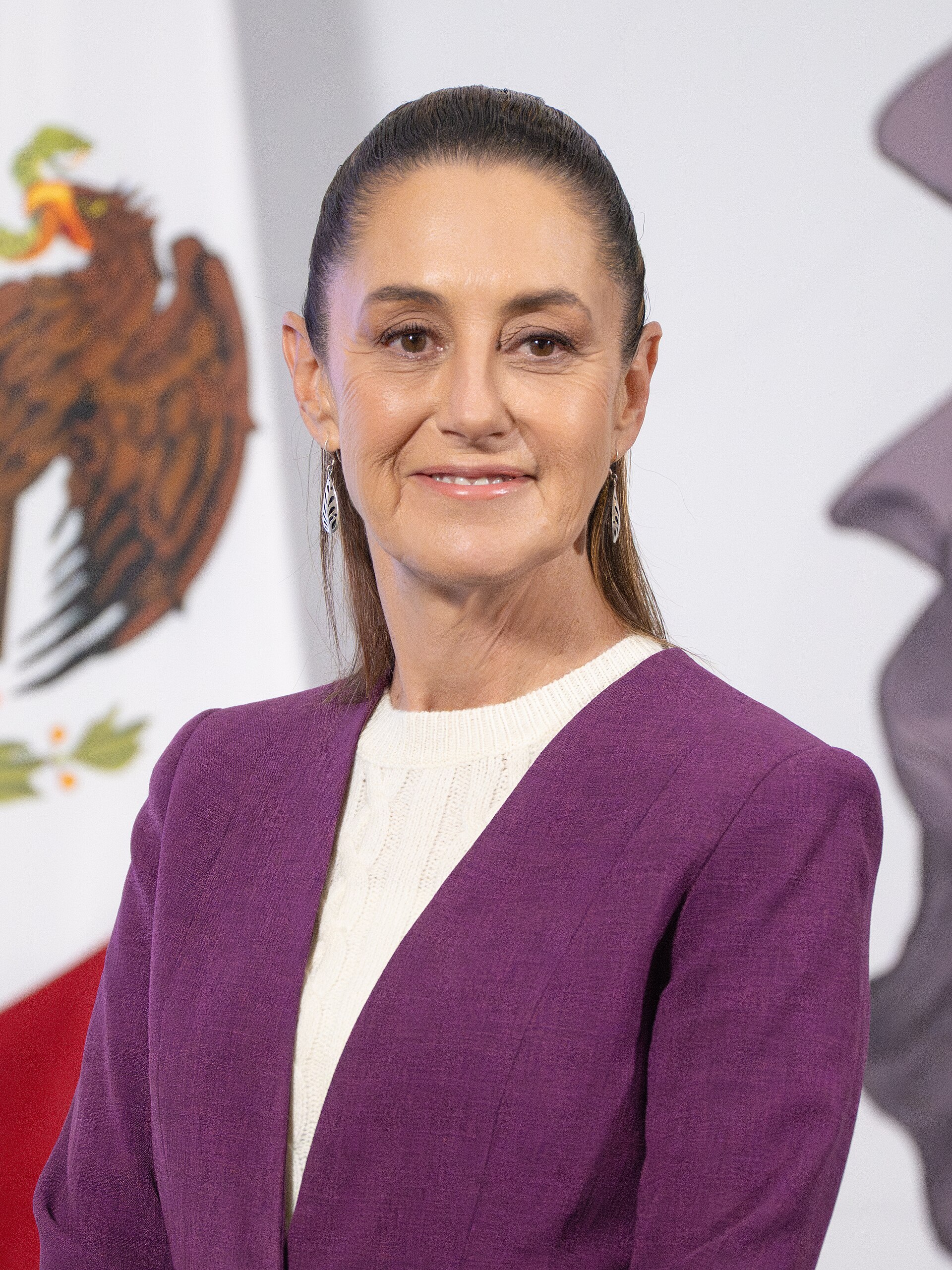 A woman with light brown skin and dark hair pulled back, wearing a purple blazer and white top, standing in front of a Mexican flag.