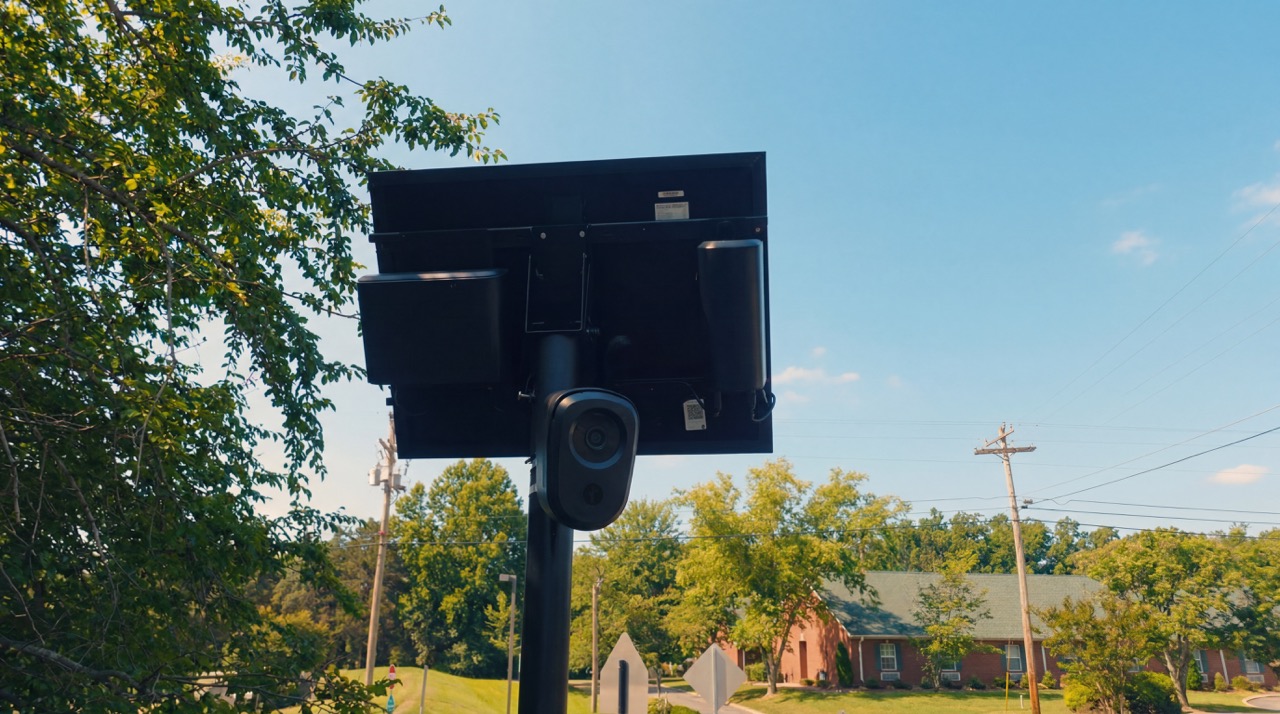 A Flock Safety license-plate camera mounted with a solar panel, photographed against a clear sky.