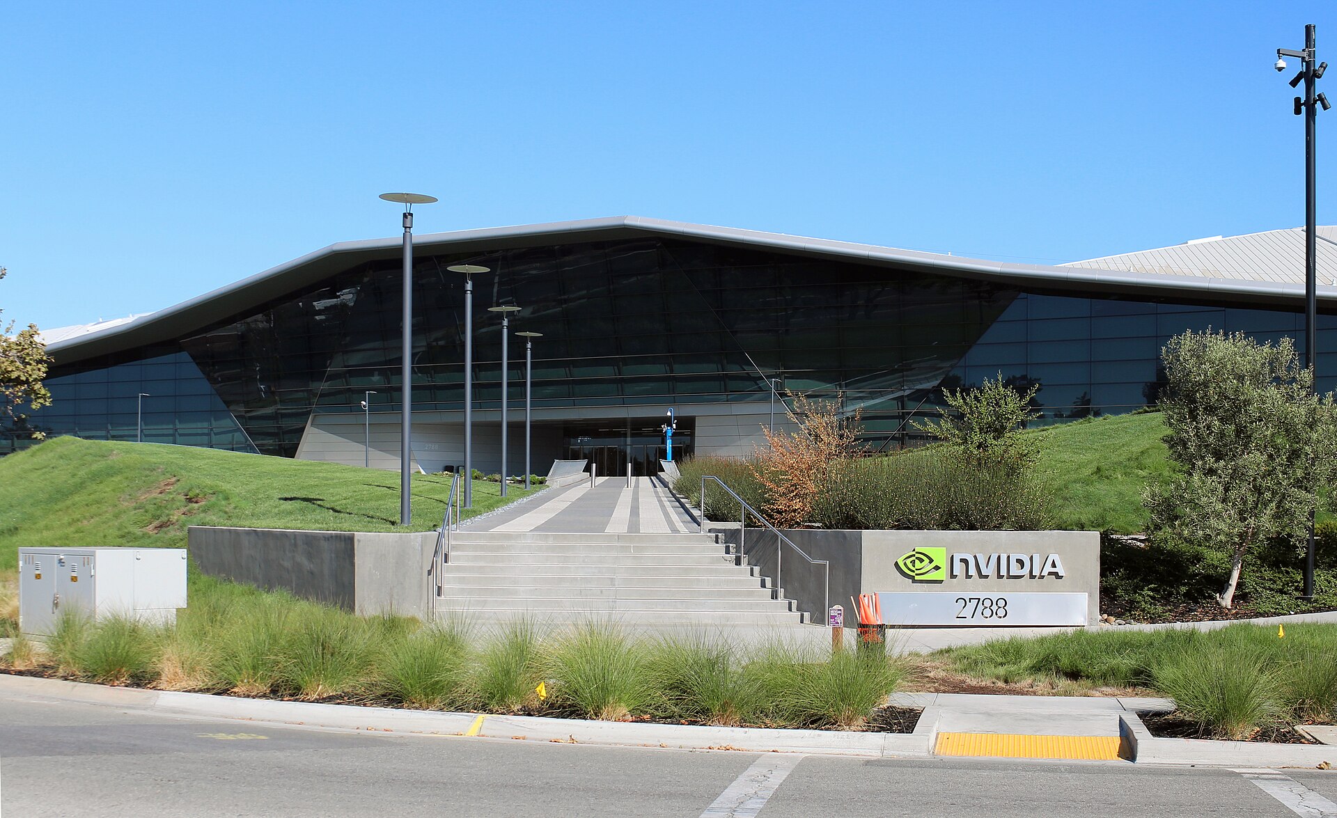 A large building with a sign that reads 'NVIDIA' and the address '2788'.