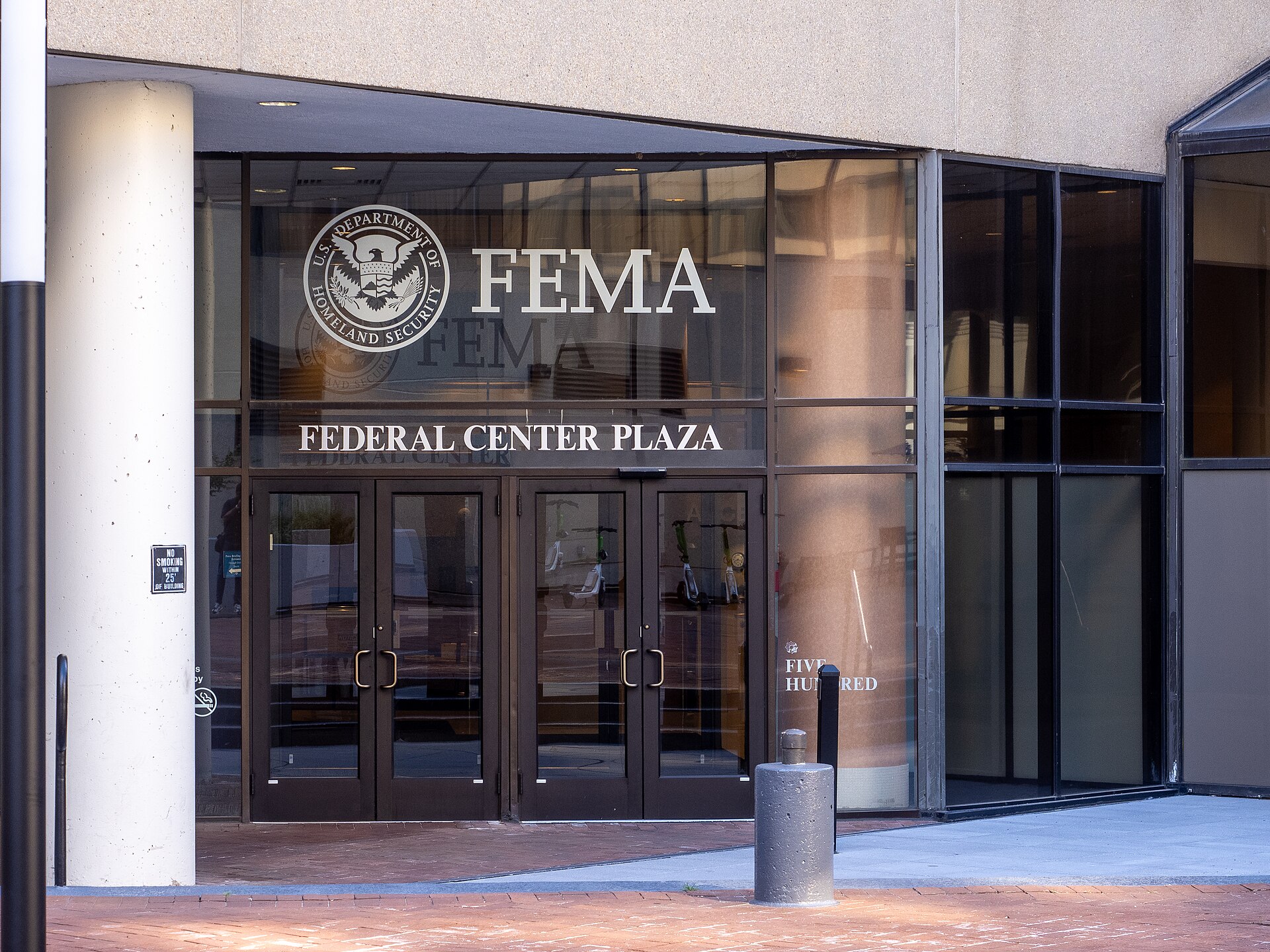 FEMA entrance with U.S. Department of Homeland Security seal and Federal Center Plaza sign
