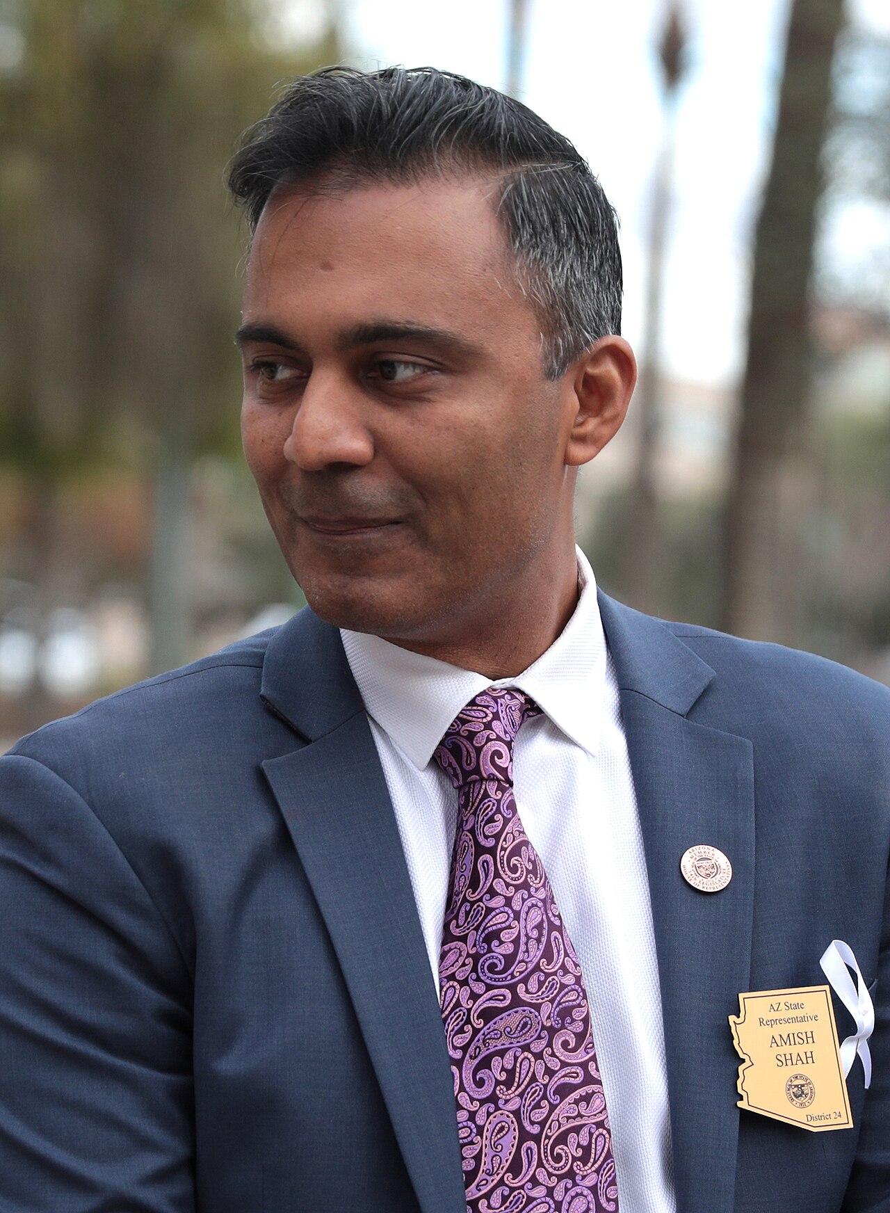 A man with short dark hair and a blue suit looking left, wearing a purple tie and a name tag that reads 'Amish Shah' on a gold Arizona-shaped badge.