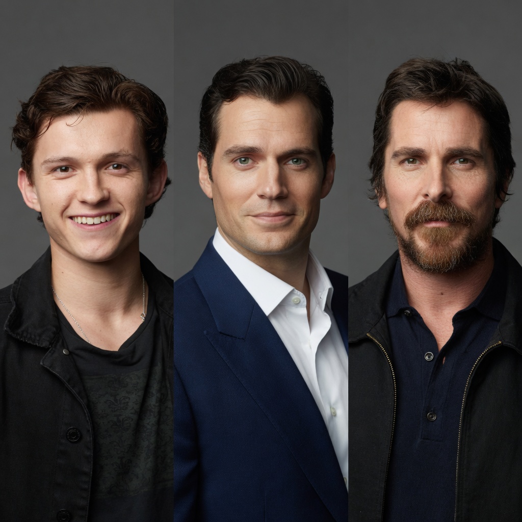 Tom Holland, Henry Cavill, and Christian Bale, shoulders up, side by side.