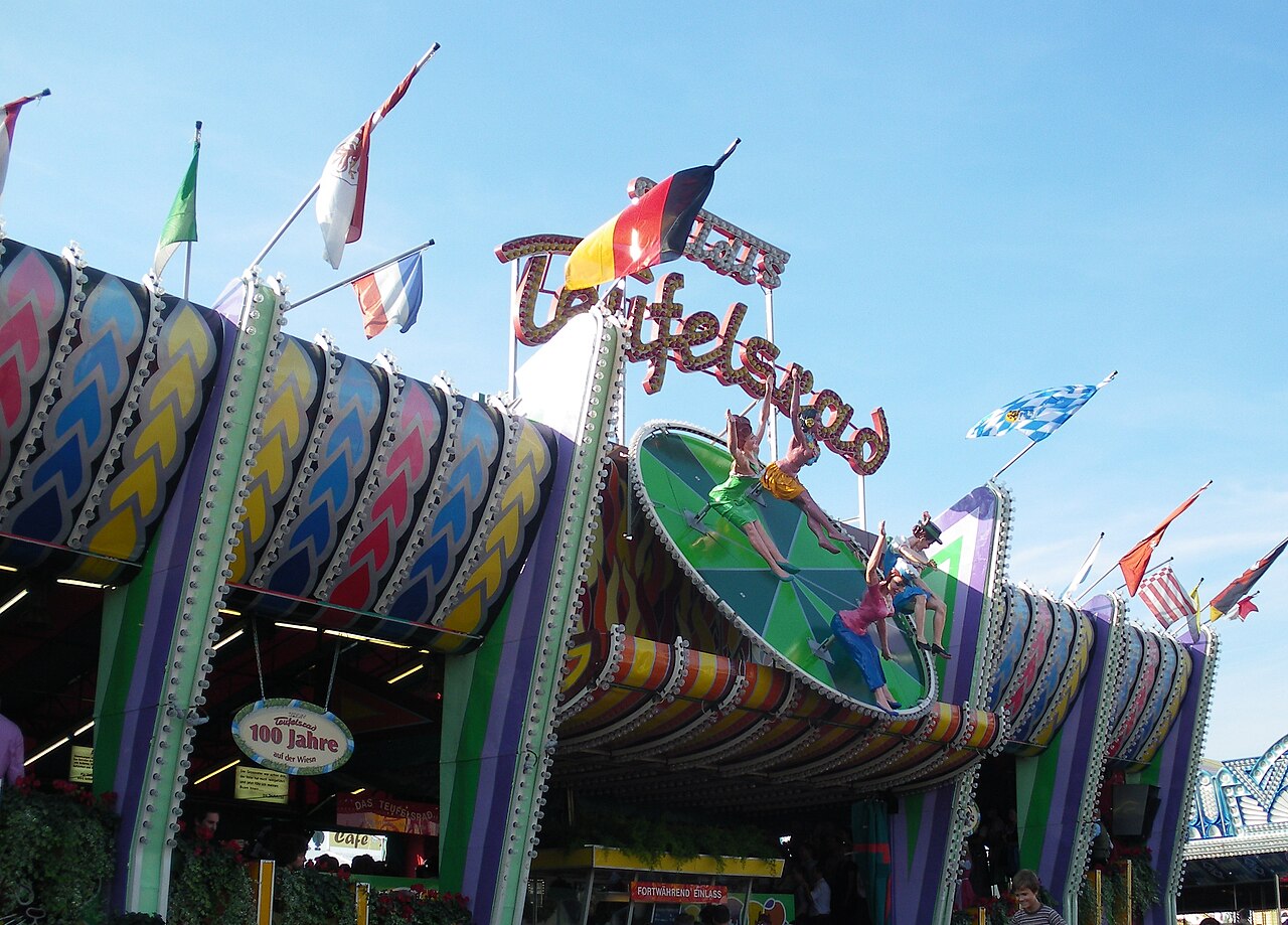 Teufelsrad sign and colorful exterior at Oktoberfest