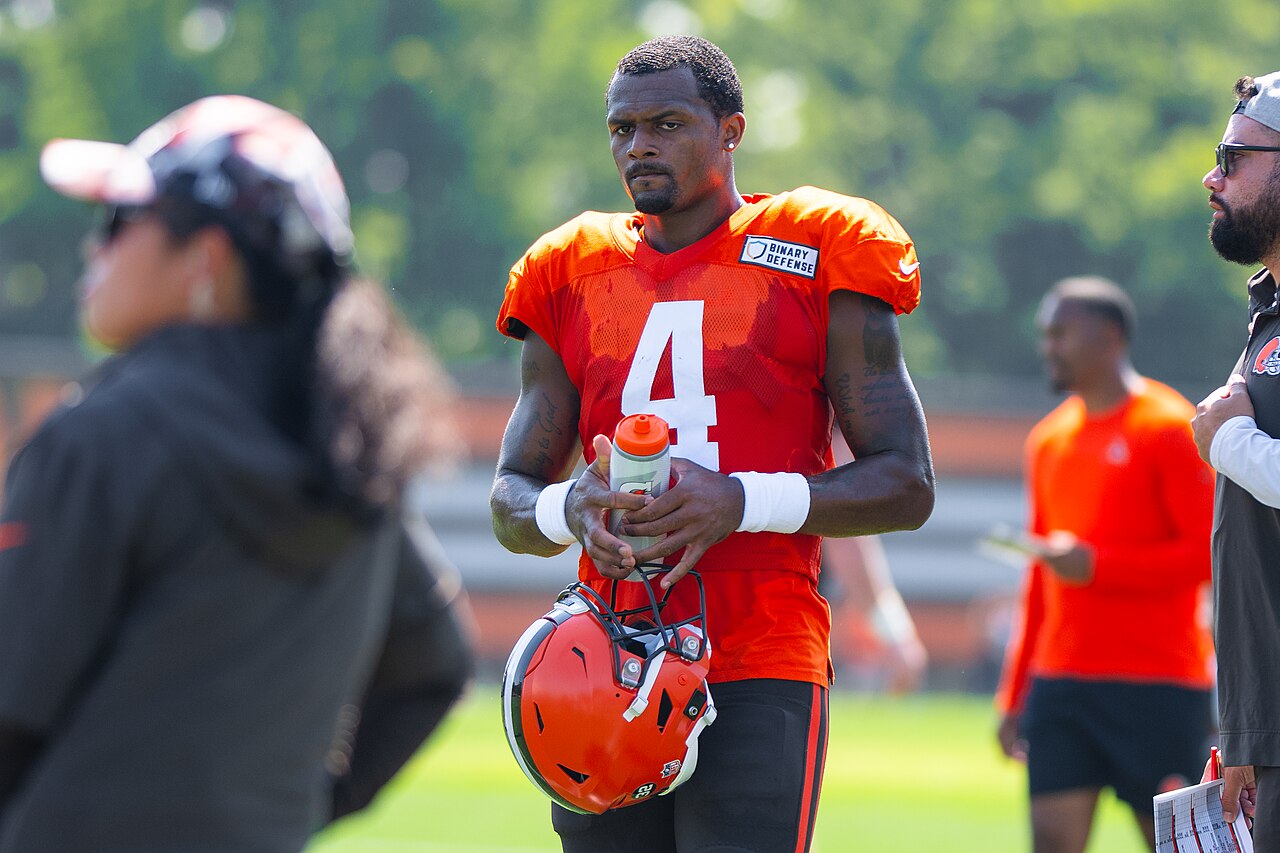 Deshaun Watson wearing a Cleveland Browns practice jersey during training camp in 2023.