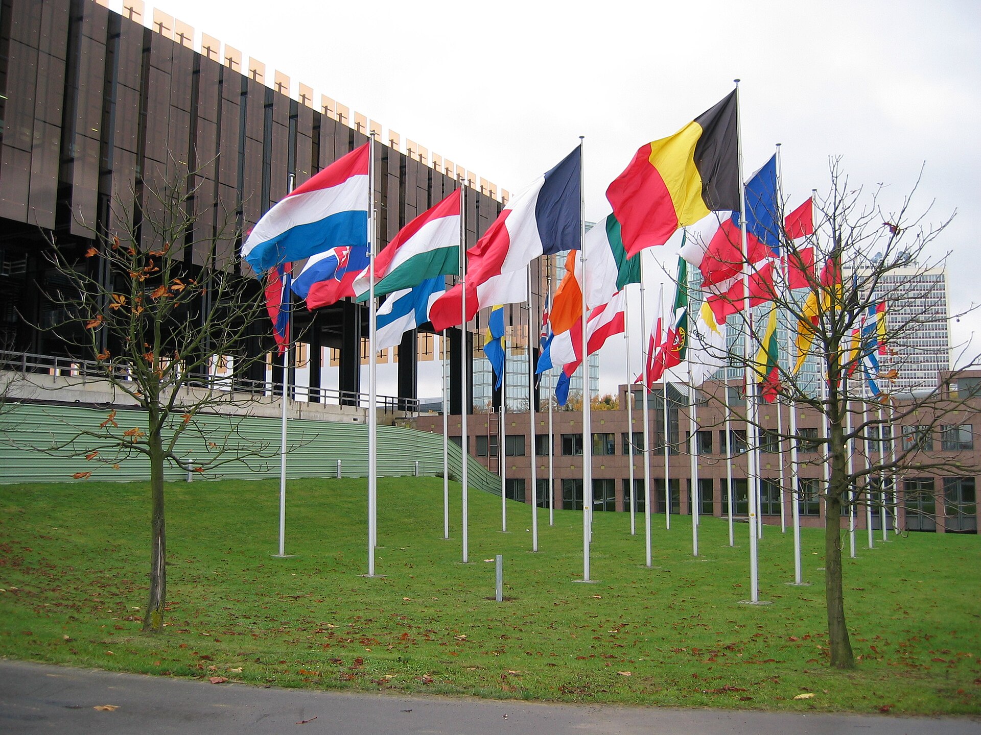 A row of national flags in front of a modern building.