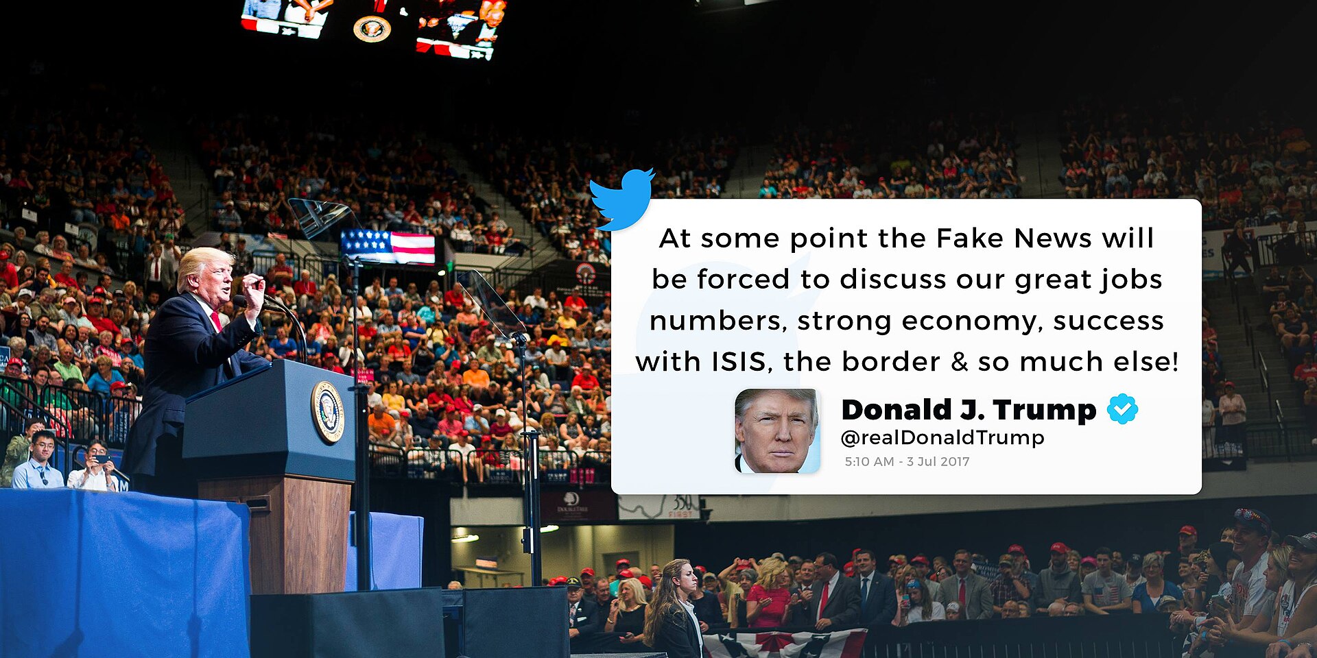 Donald Trump speaking at a podium with a crowd of people in the background