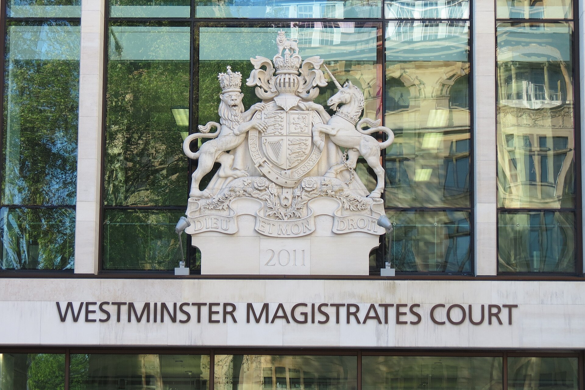 Westminster Magistrates Court sign and royal crest