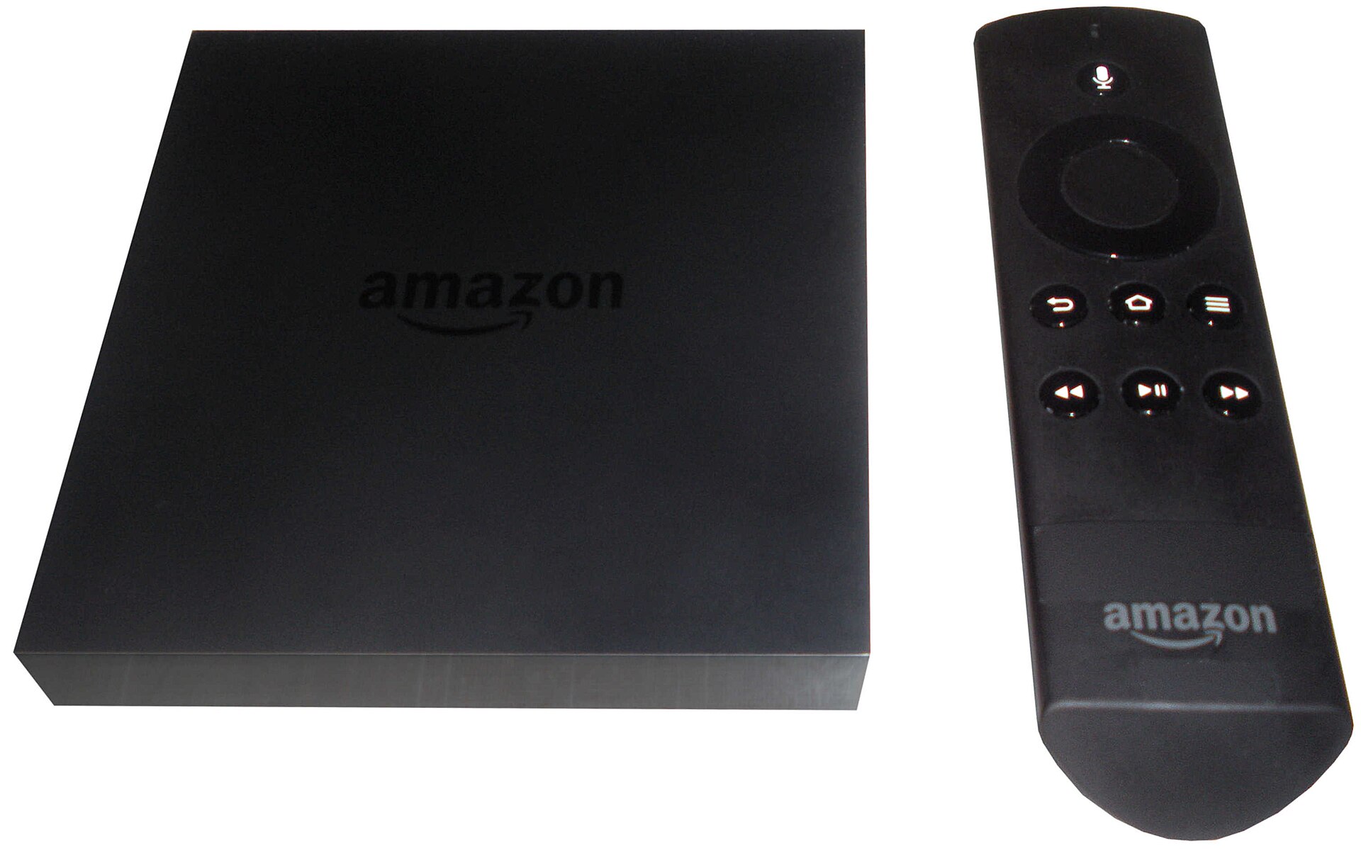 A black Amazon Fire TV streaming device and its remote control are shown against a white background.