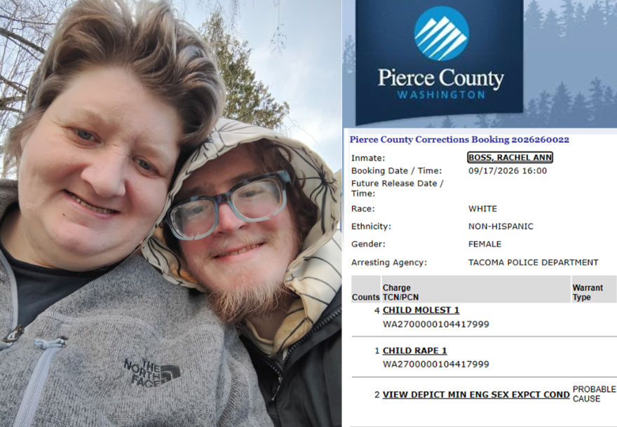 Selfie of Rachel Boss and William Kelso Flournoy beside a Pierce County booking sheet charging Rachel Ann Boss with child molestation, child rape, and viewing depictions of a minor.