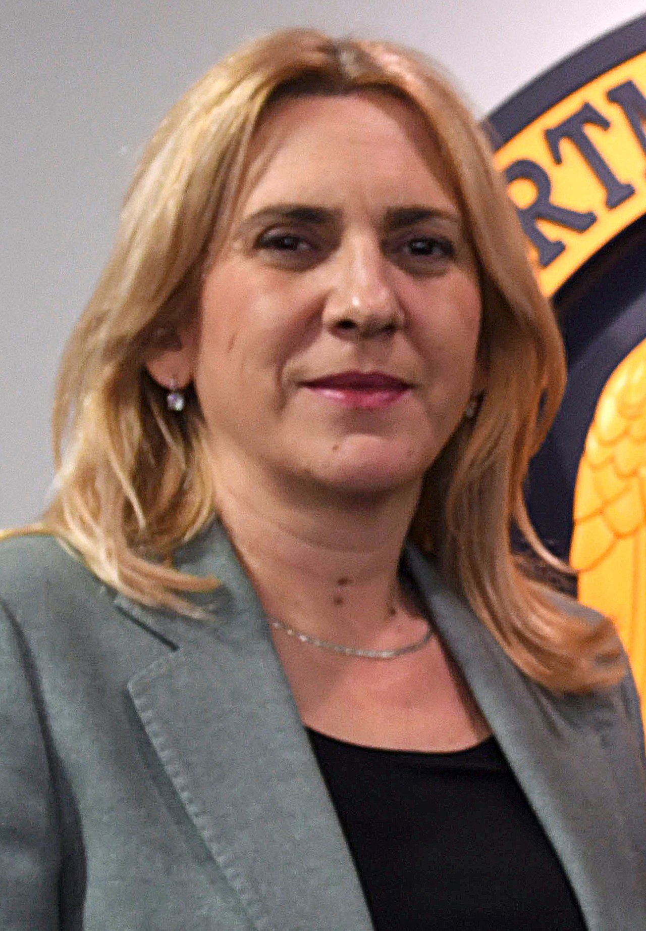 Zeljka Cvijanovic, a middle-aged woman with shoulder-length blonde hair, wearing a gray blazer and black top, with a silver necklace and earrings, looking directly at the camera.